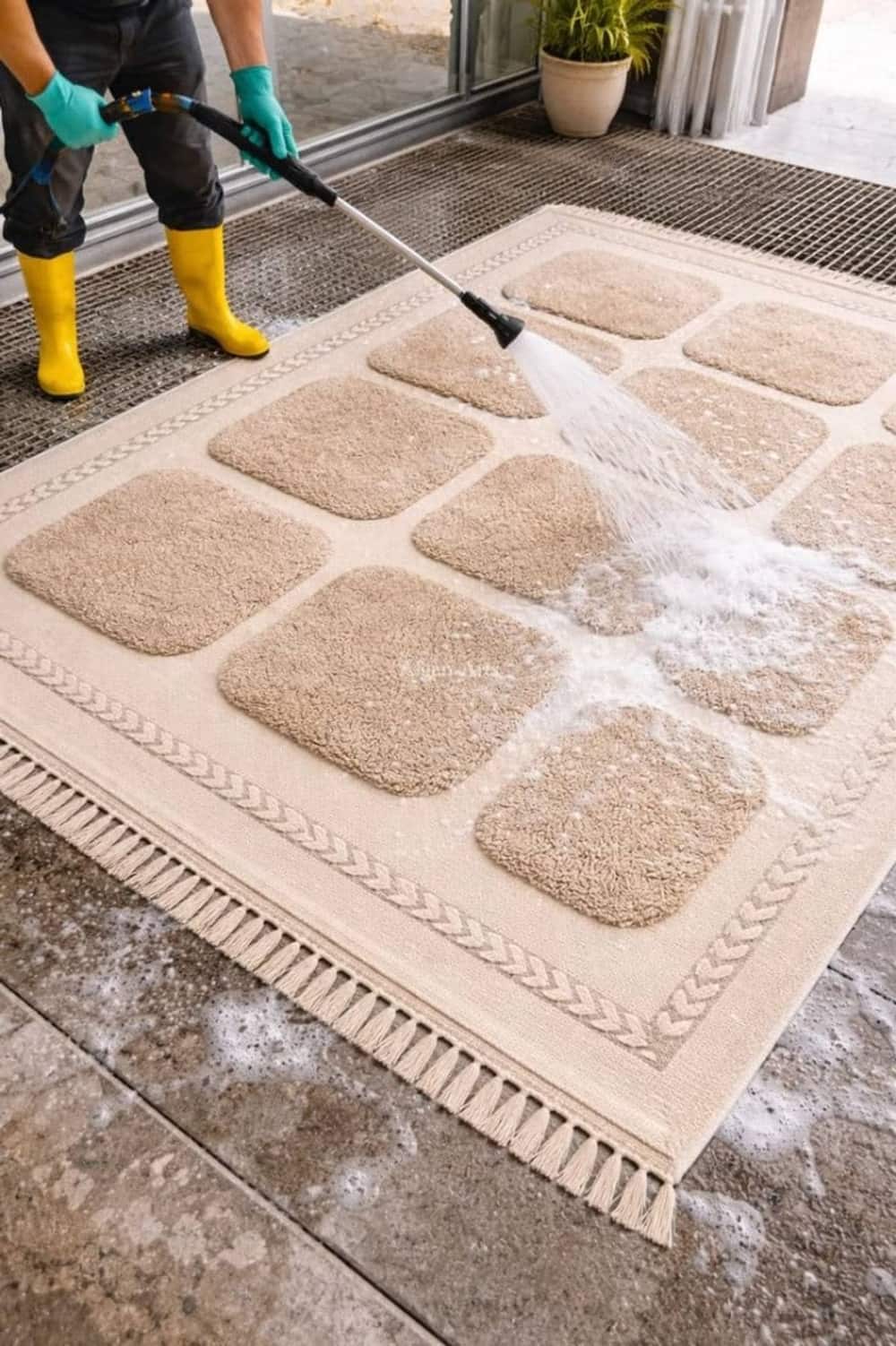 Professional carpet cleaning with high-pressure equipment lifting dirt from a patterned rug