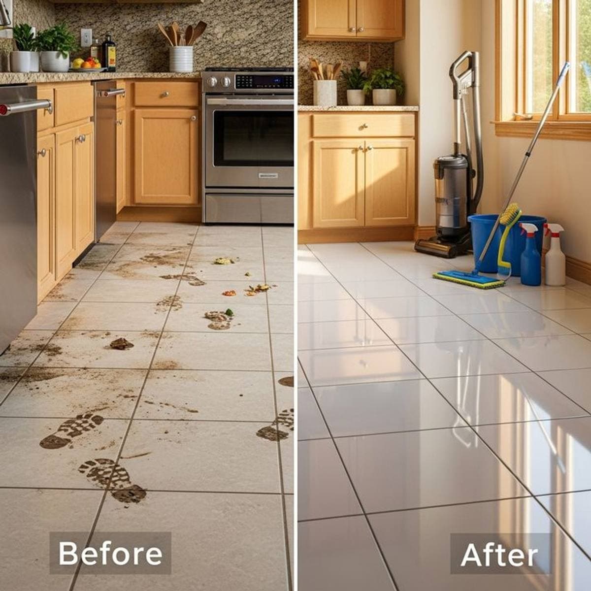 Before and after deep clean — soiled kitchen tiles restored to a high shine with professional equipment